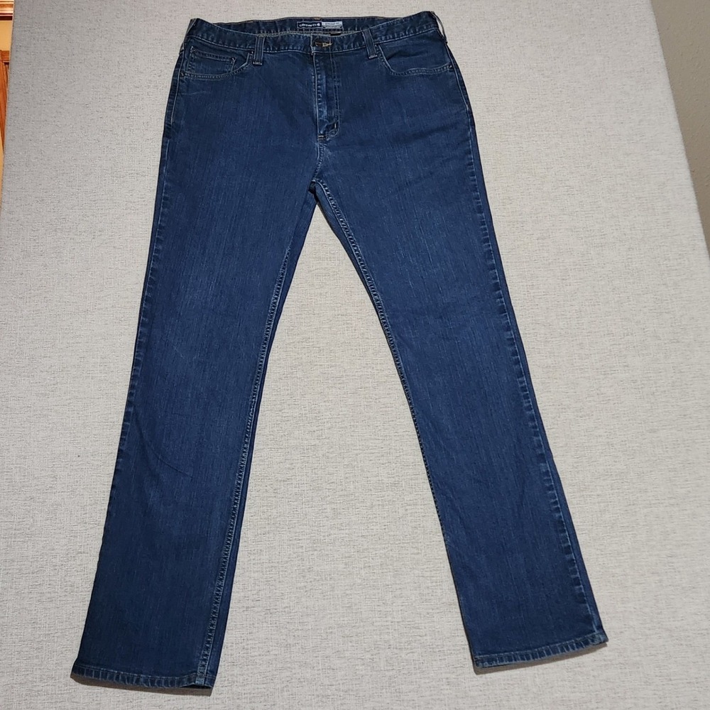 Carhartt Rugged Flex Jeans Mens 38x36 Blue Straight Fit Tapered BD2807-M